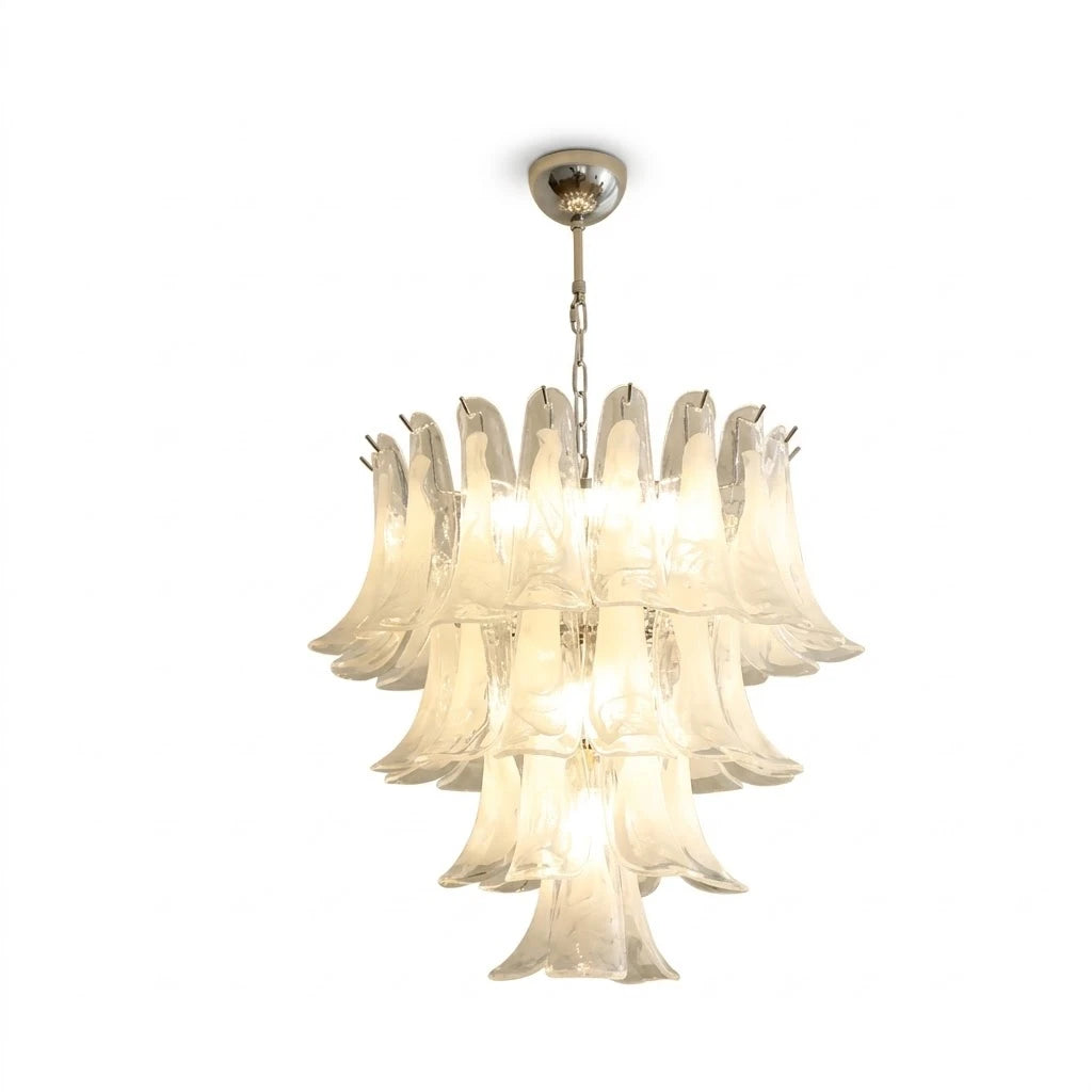 Modern Cascading White Art Glass Flower Chandelier with Nickel Finish on Pure White Background