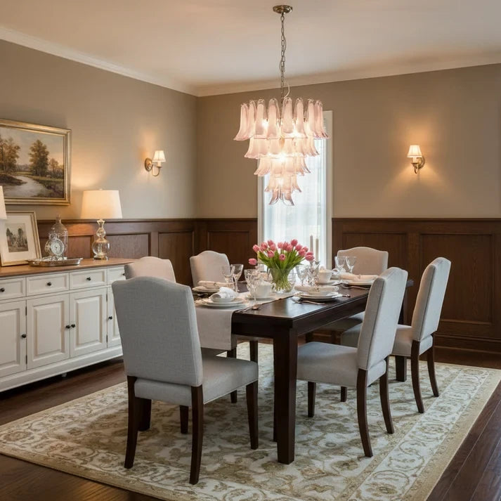 Modern Cascading Art Glass Flower Chandelier Over Dining Room Table