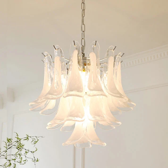 Illuminated Modern Cascading White Art Glass Flower Chandelier Studio Shot