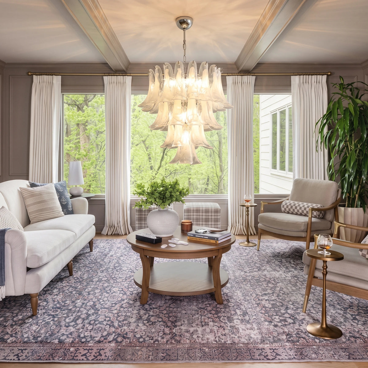 Modern White Flower Art Glass Chandelier in Bright Living Room