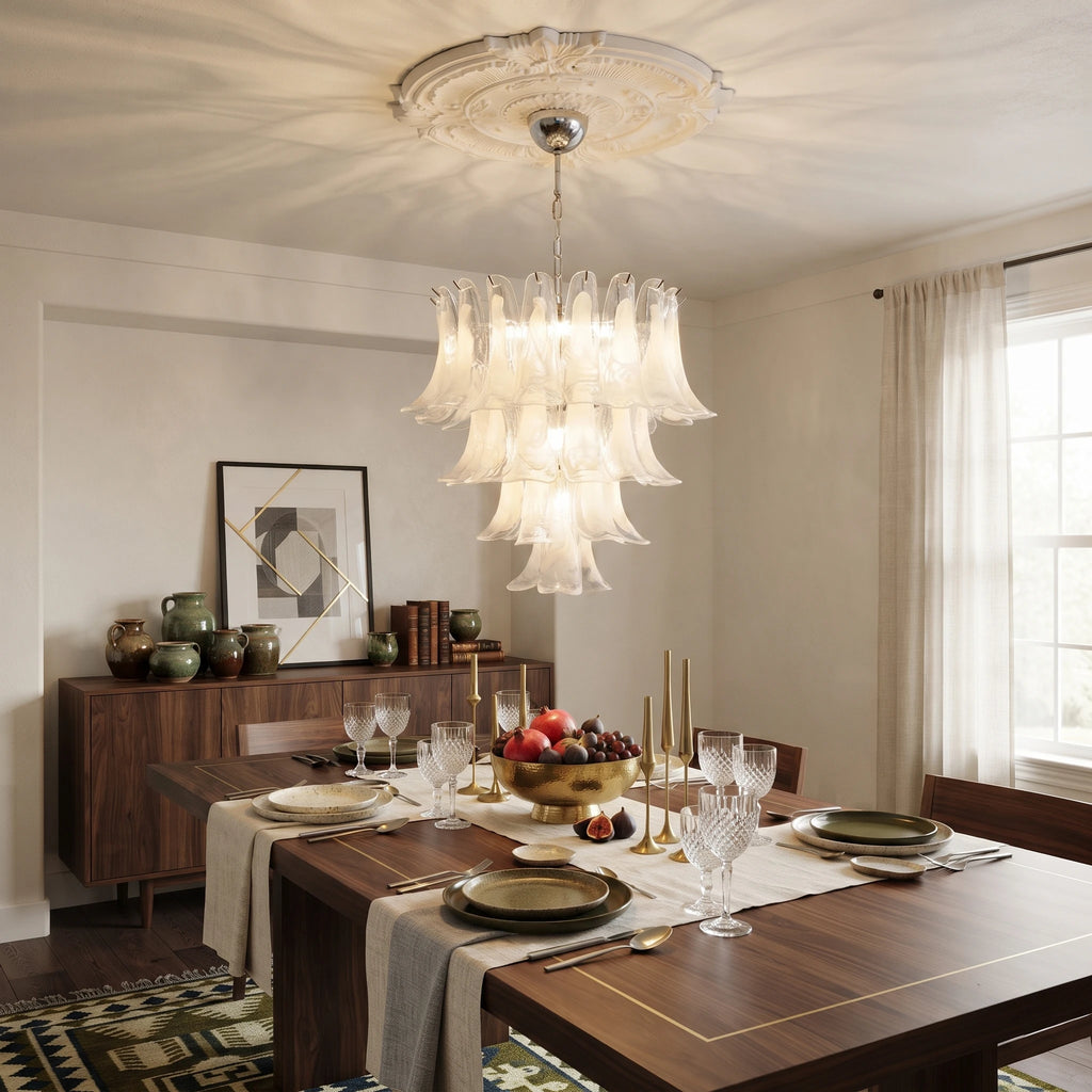 Modern Cascading Flower Art Glass Chandelier Over Formal Dining Table