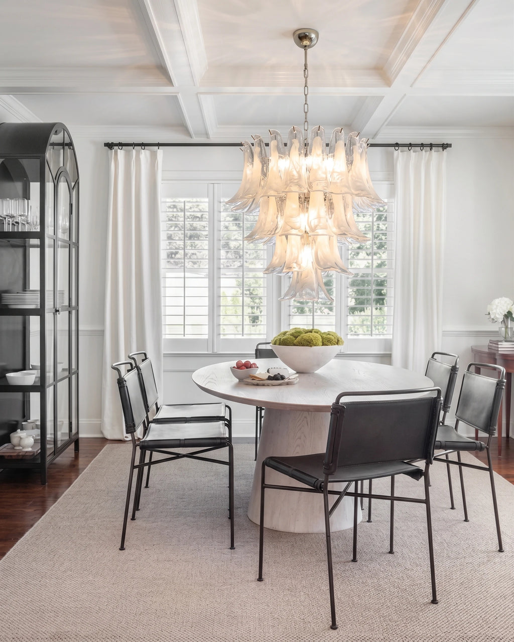 Modern White Flower Art Glass Chandelier Over Round Dining Table