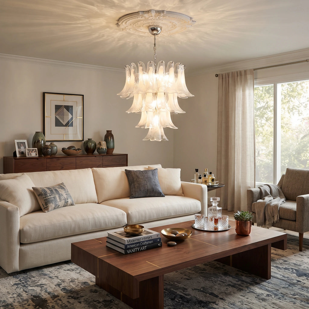 Modern Cascading Flower Art Glass Chandelier in Living Room Interior
