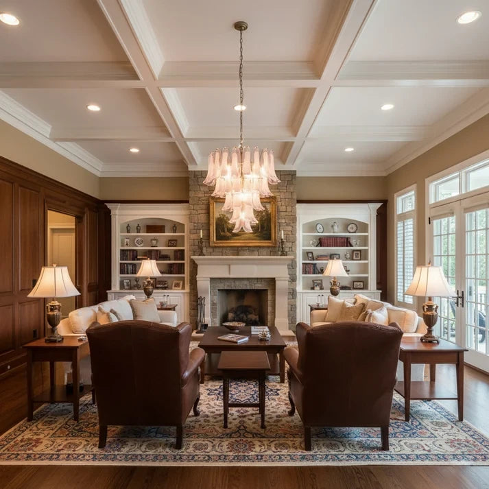 Modern White Art Glass Flower Chandelier in Spacious Living Room
