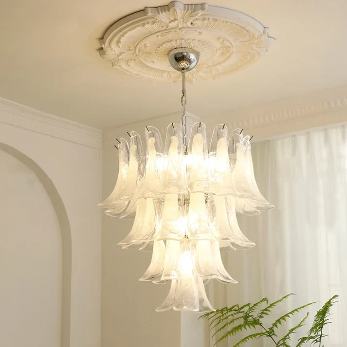 Side View of Illuminated Modern White Flower Art Glass Chandelier