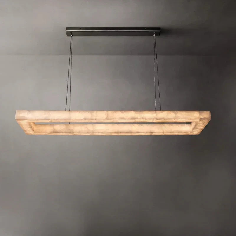 Dark Room View of Illuminated Alabaster Rectangular Linear Pendant Light