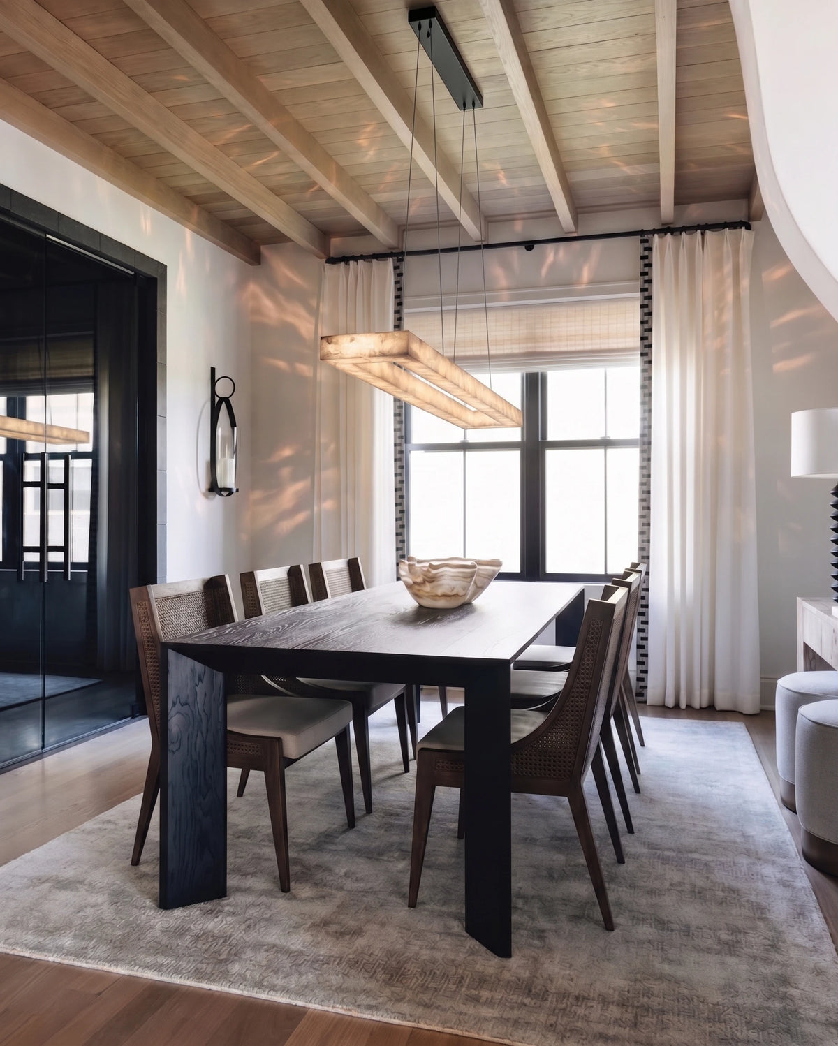 Modern Alabaster Rectangular Pendant Light Over Dining Room Table