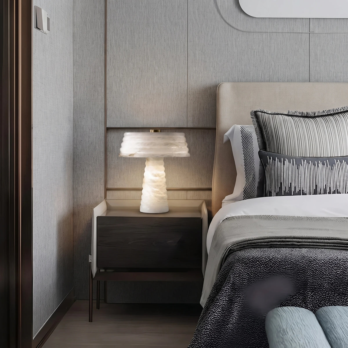 Modern Alabaster Bedside Table Lamp on Bedroom Nightstand