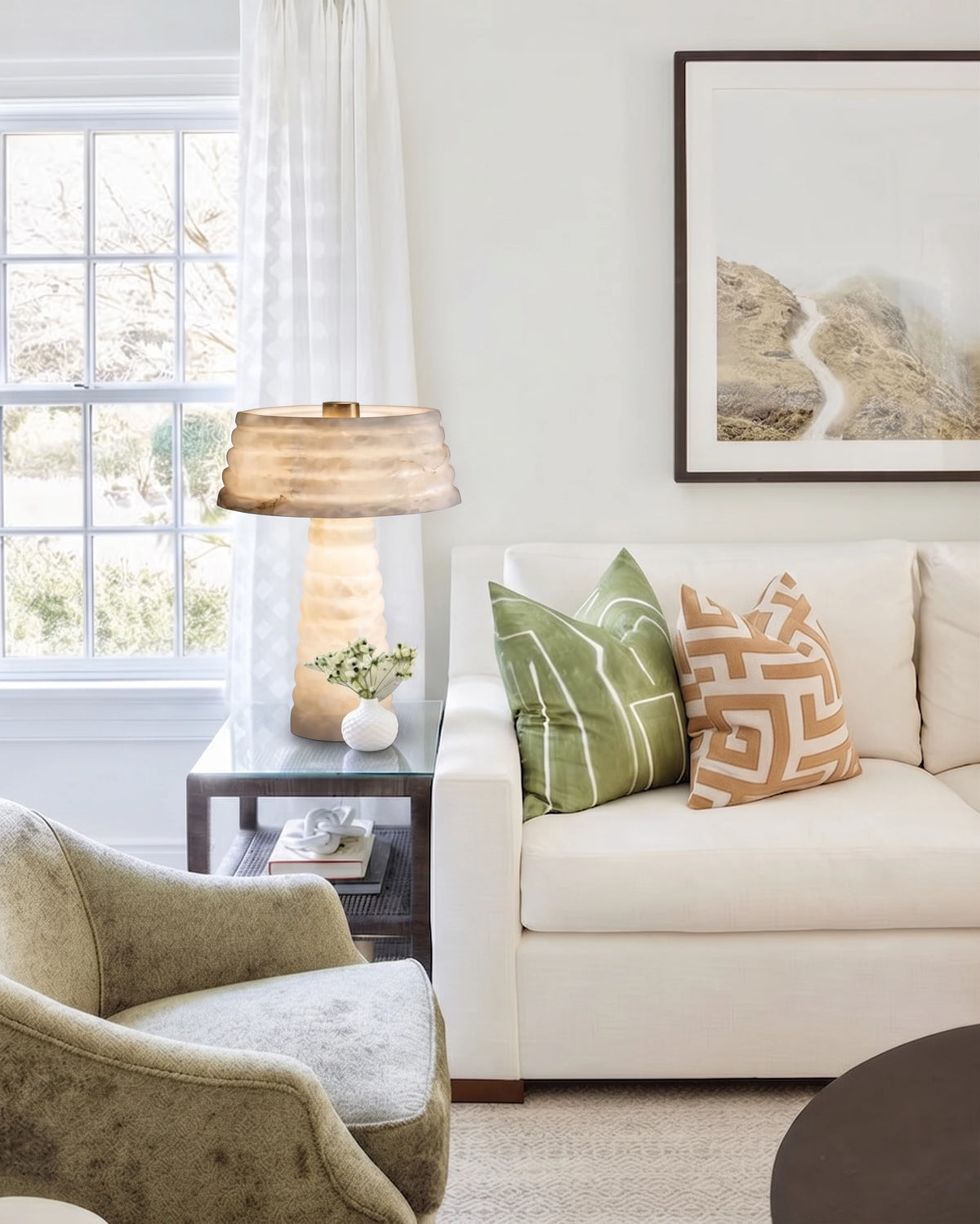 Modern Alabaster Tiered Table Lamp on Living Room Side Table