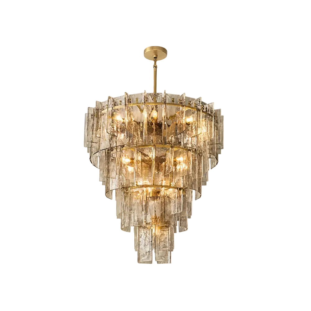 Modern Cascading Amber Faceted Glass Chandelier with Brass Stem on Pure White Background