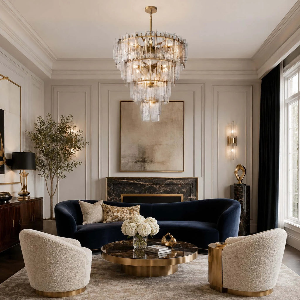 Modern Cascading Amber Glass Chandelier in Bright Living Room