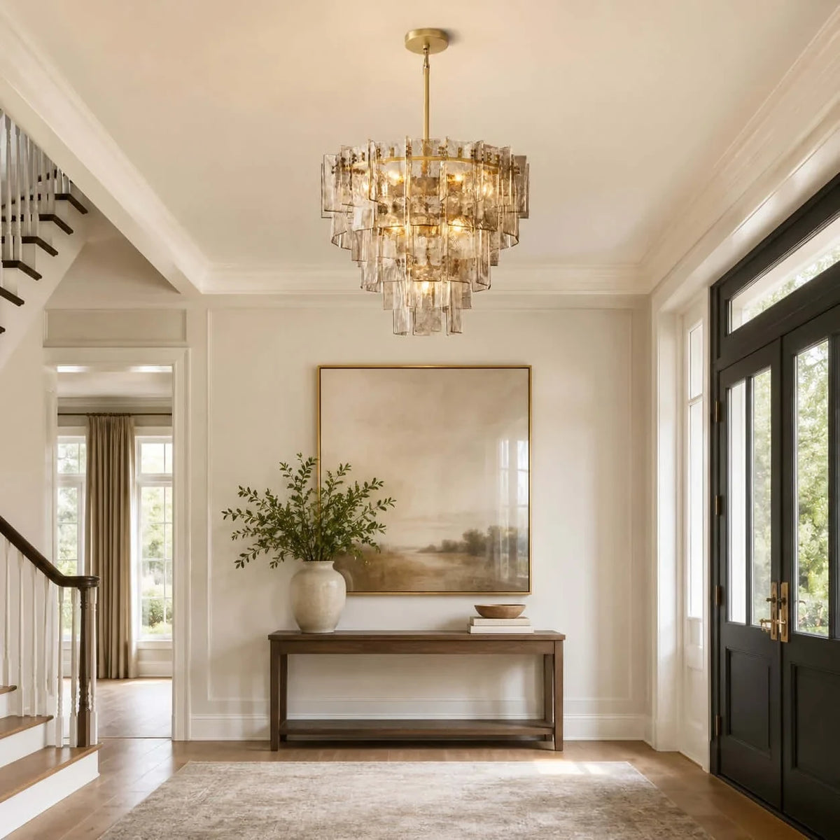 Modern Amber Faceted Glass Chandelier in Entryway Corridor