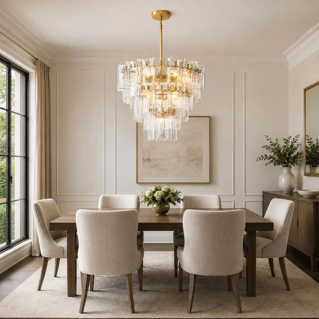 Modern Cascading Art Glass Chandelier Over Formal Dining Table
