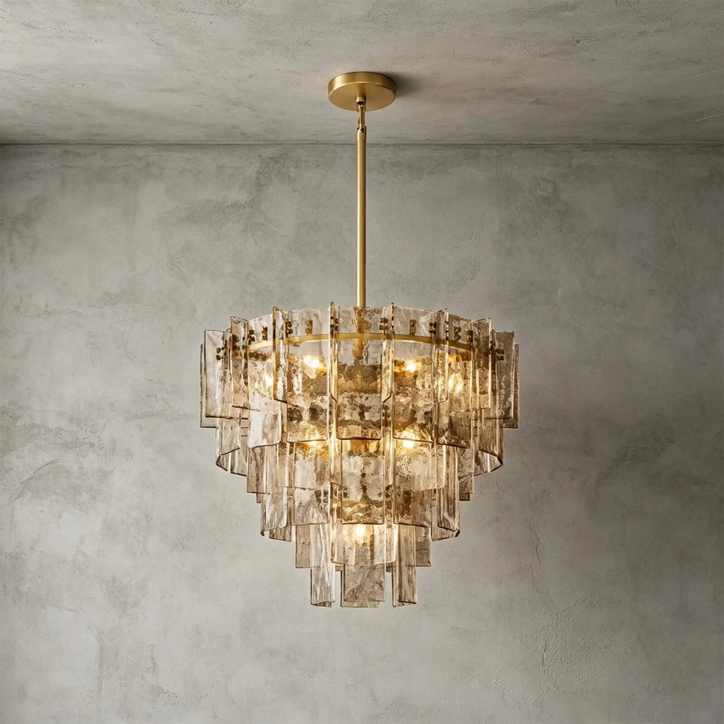 Angled View of Illuminated Modern Amber Faceted Glass Chandelier