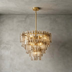Angled View of Illuminated Modern Amber Faceted Glass Chandelier