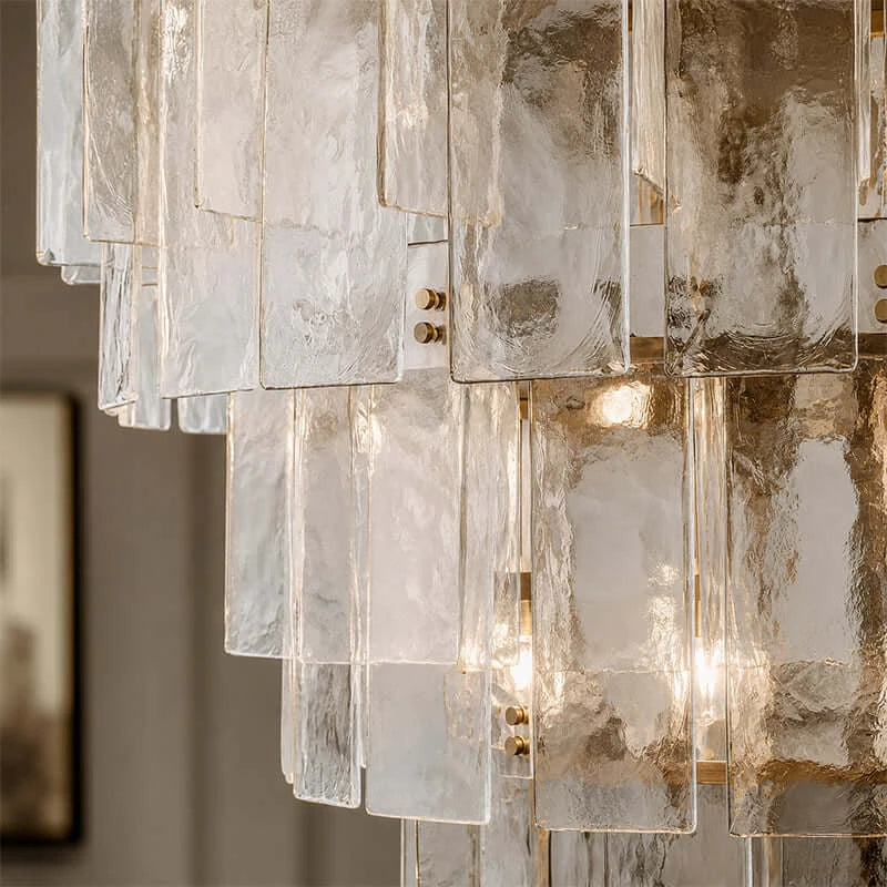 Close Up View of Amber Faceted Glass Layers and Chandelier Hardware