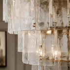 Close Up View of Amber Faceted Glass Layers and Chandelier Hardware