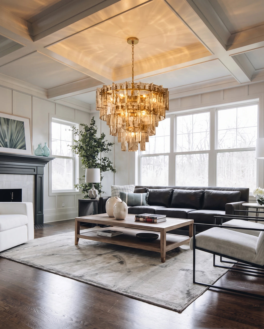 Modern Amber Faceted Glass Chandelier in Vaulted Ceiling Living Room