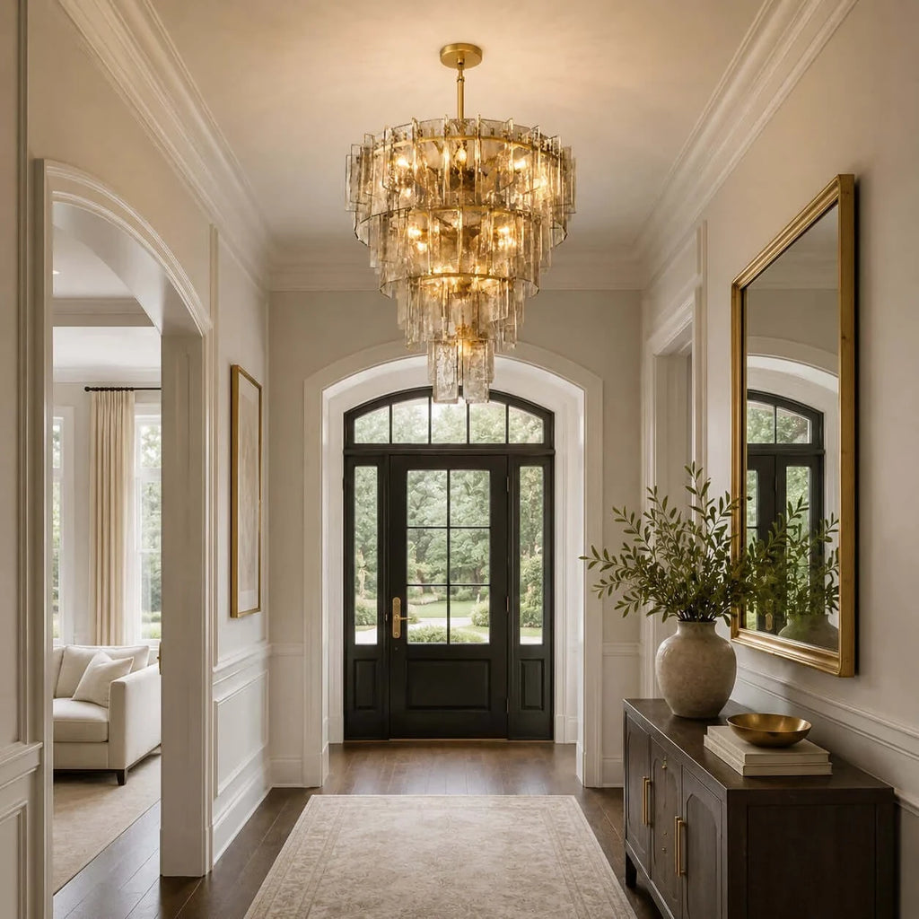 Modern Cascading Art Glass Chandelier in Hallway Foyer