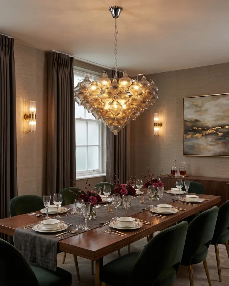 Modern Teardrop Art Glass Chandelier Over Dining Table in Formal Dining Room