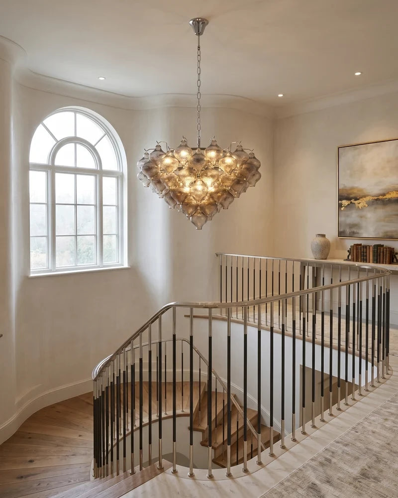 Modern Cascading Glass Chandelier in Stairway Hallway