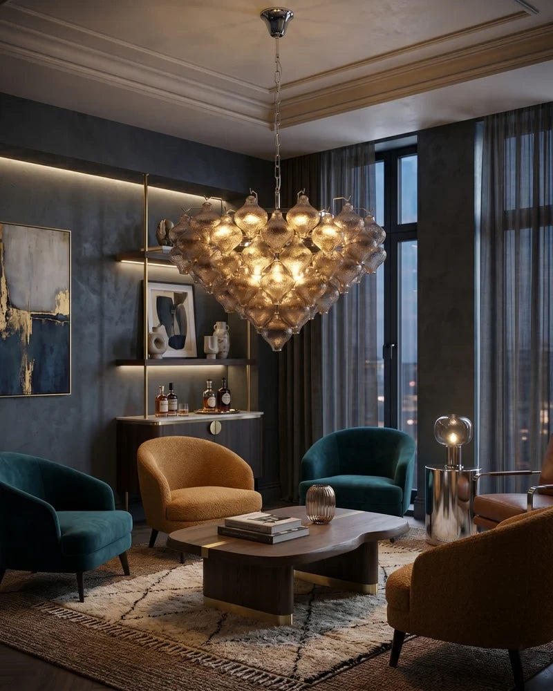 Contemporary Teardrop Art Glass Chandelier in Luxury Living Room