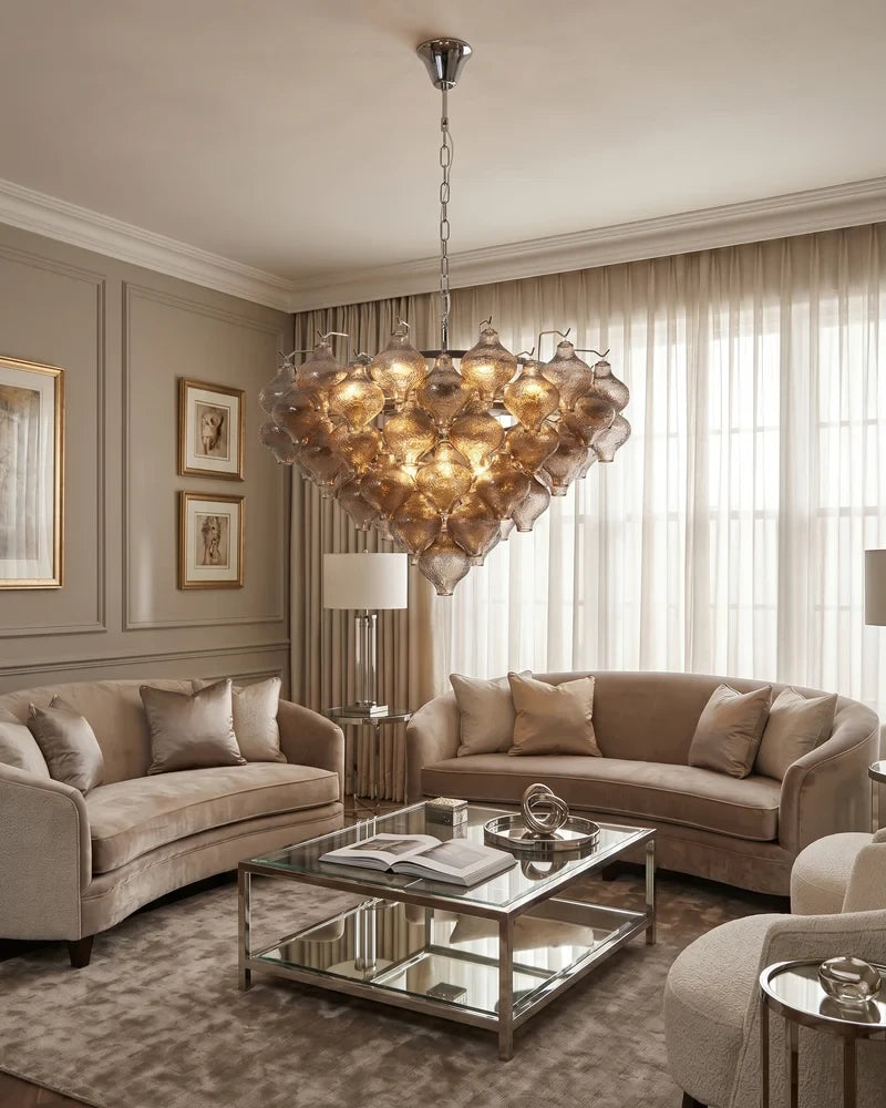 Modern Cascading Teardrop Glass Chandelier in Elegant Living Room