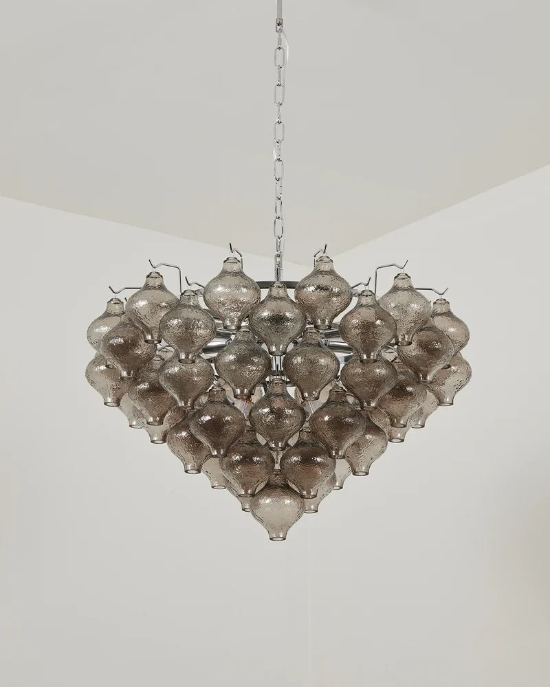 Side View of Modern Cascading Teardrop Art Glass Chandelier