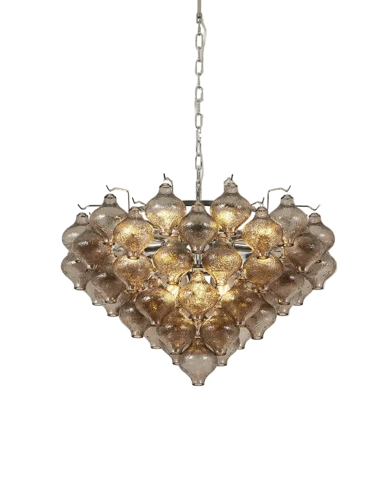 Modern Cascading Teardrop Art Glass Chandelier with Silver Chain on Pure White Background