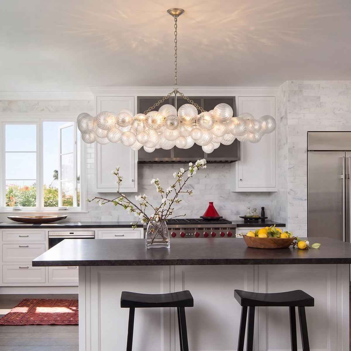 Modern Glass Bubbles Chandelier Over Kitchen Island