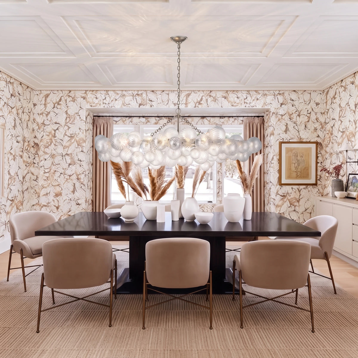 Modern Glass Bubbles Chandelier Over Formal Dining Table