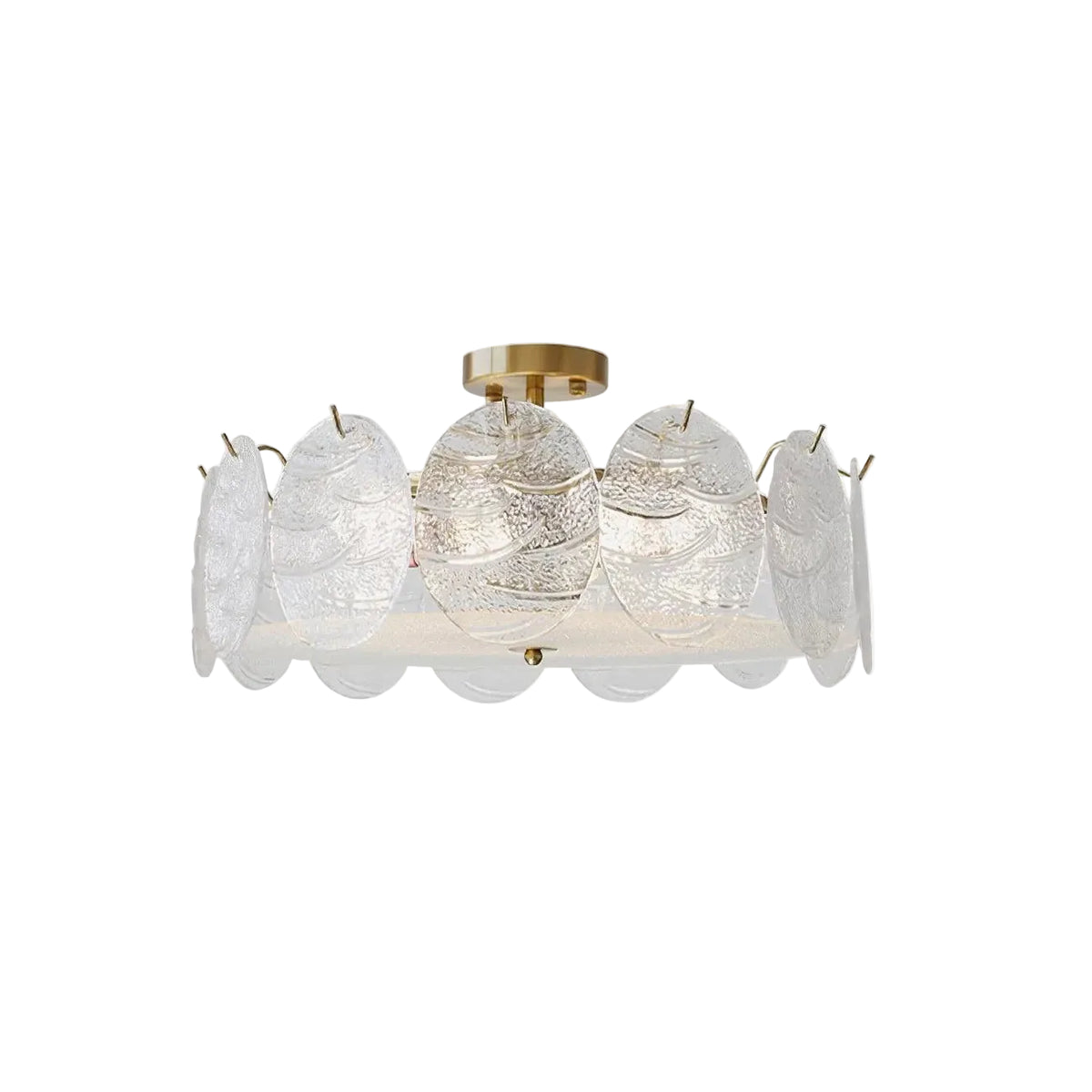 Modern Round Plate Art Glass Flush Mount Ceiling Light with Brass Hardware on Pure White Background