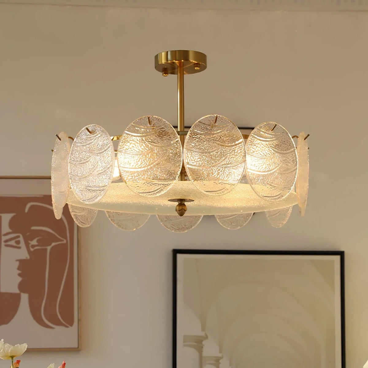 Angled View of Illuminated Modern Art Glass Flush Mount Ceiling Light