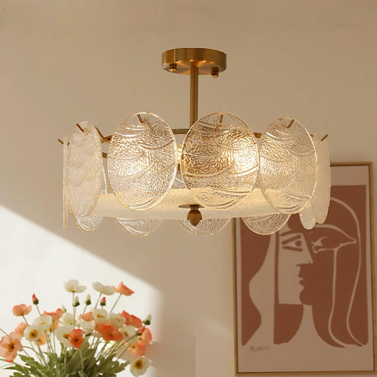 Side View of Illuminated Modern Round Plate Art Glass Ceiling Light