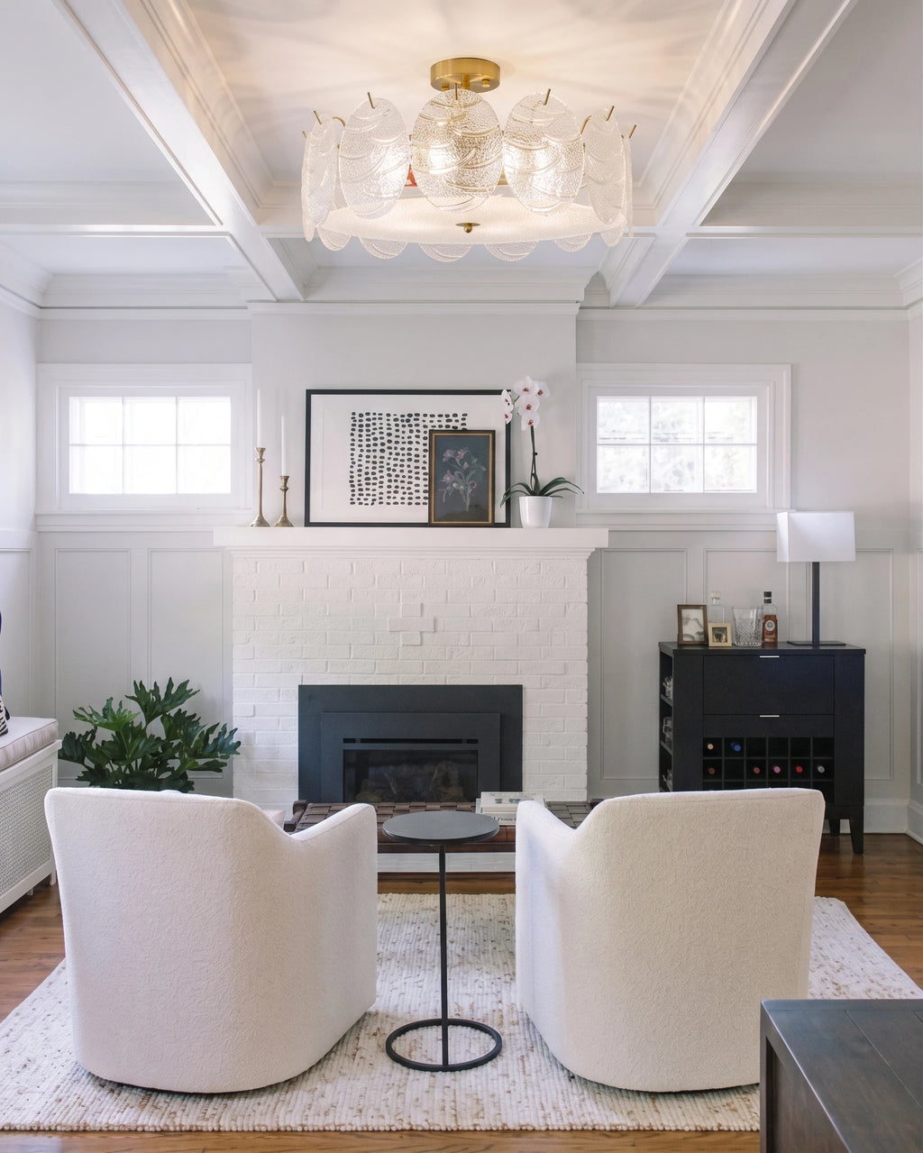 Modern Round Plate Art Glass Ceiling Light Over Fireplace Setting