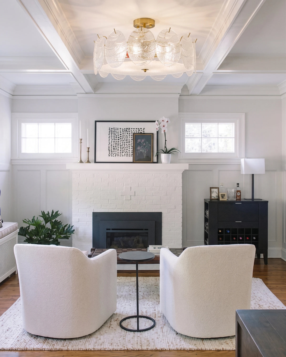 Modern Round Plate Art Glass Ceiling Light Over Fireplace Setting