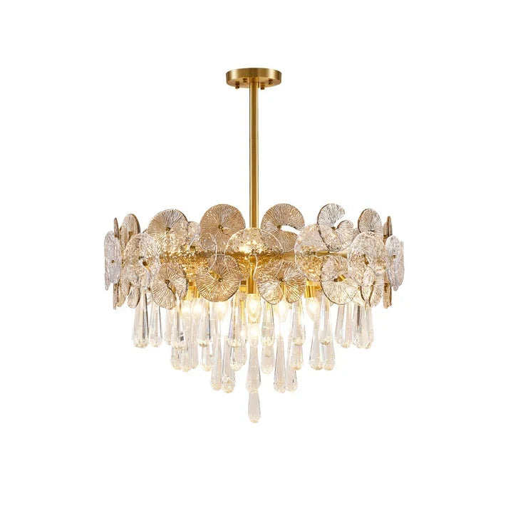 Modern Round Plate and Drop Crystal Art Glass Chandelier with Brass Stem on Pure White Background