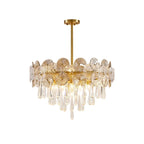Modern Round Plate and Drop Crystal Art Glass Chandelier with Brass Stem on Pure White Background