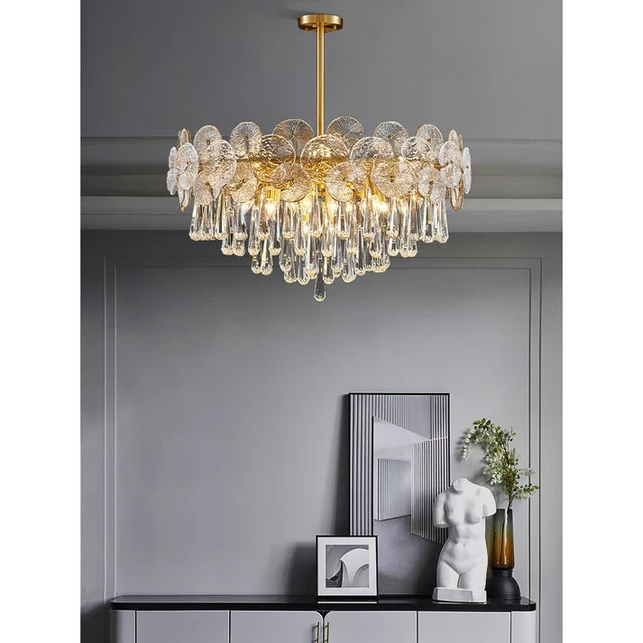 Modern Round Plate Crystal Chandelier in Contemporary Interior