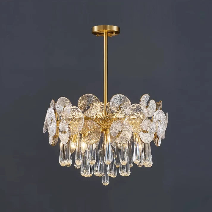 Illuminated Modern Round Plate and Drop Crystal Chandelier Studio Shot