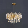 Illuminated Modern Round Plate and Drop Crystal Chandelier Studio Shot