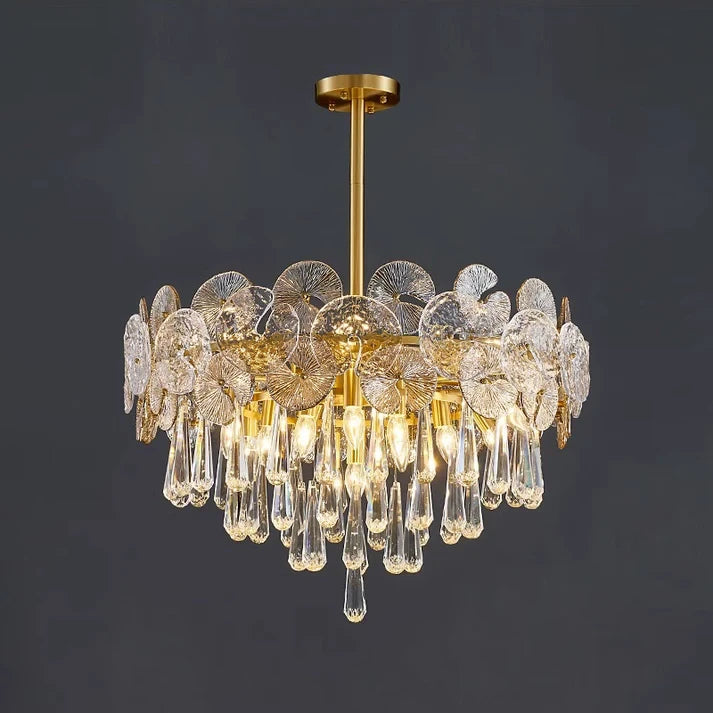 Angled View of Illuminated Modern Crystal Art Glass Chandelier