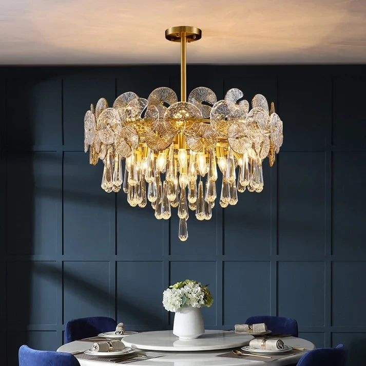 Modern Crystal Art Glass Chandelier Over Formal Dining Room Table