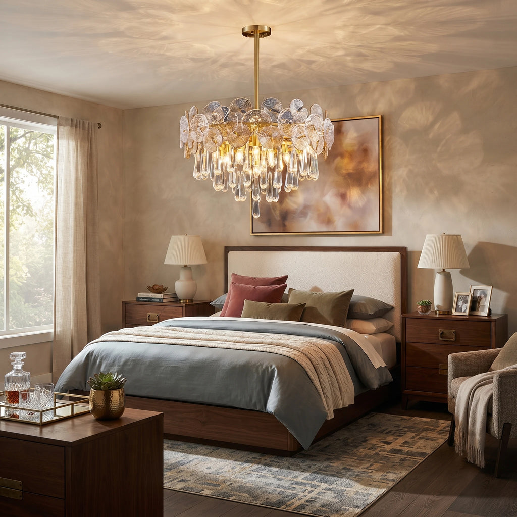 Modern Crystal Art Glass Chandelier in Master Bedroom Setting