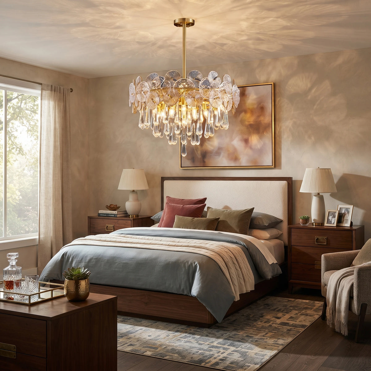 Modern Crystal Art Glass Chandelier in Master Bedroom Setting