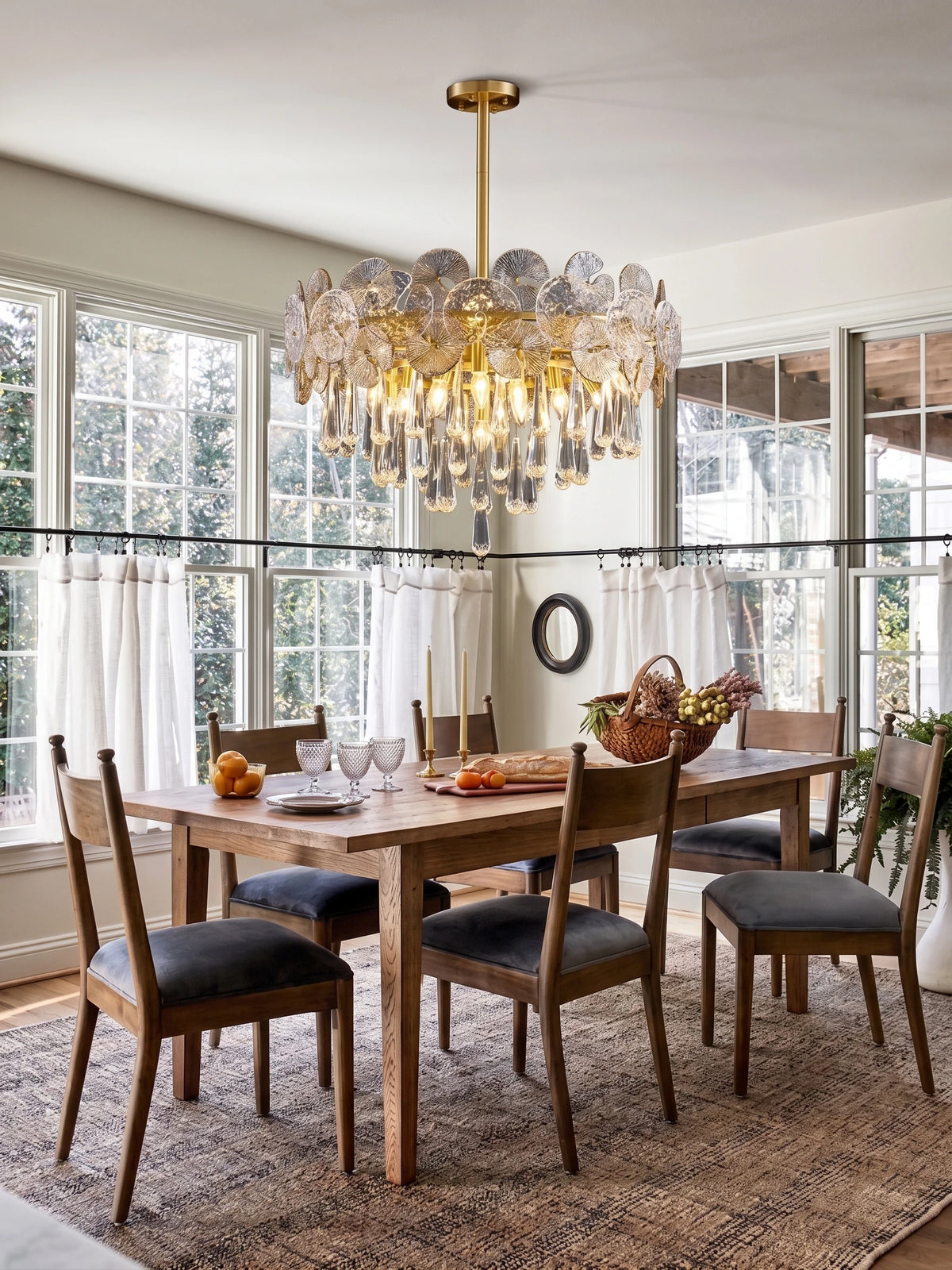 Modern Art Glass Chandelier Over Wooden Dining Table