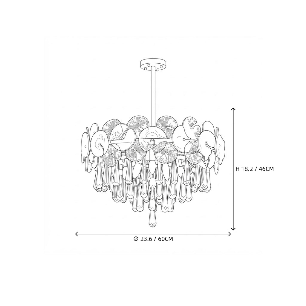 Modern Round Plate and Drop Crystal Chandelier Style B Line Art Dimension Diagram