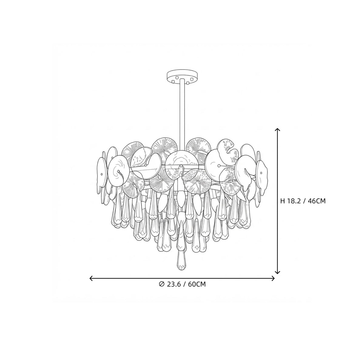 Modern Round Plate and Drop Crystal Chandelier Style B Line Art Dimension Diagram