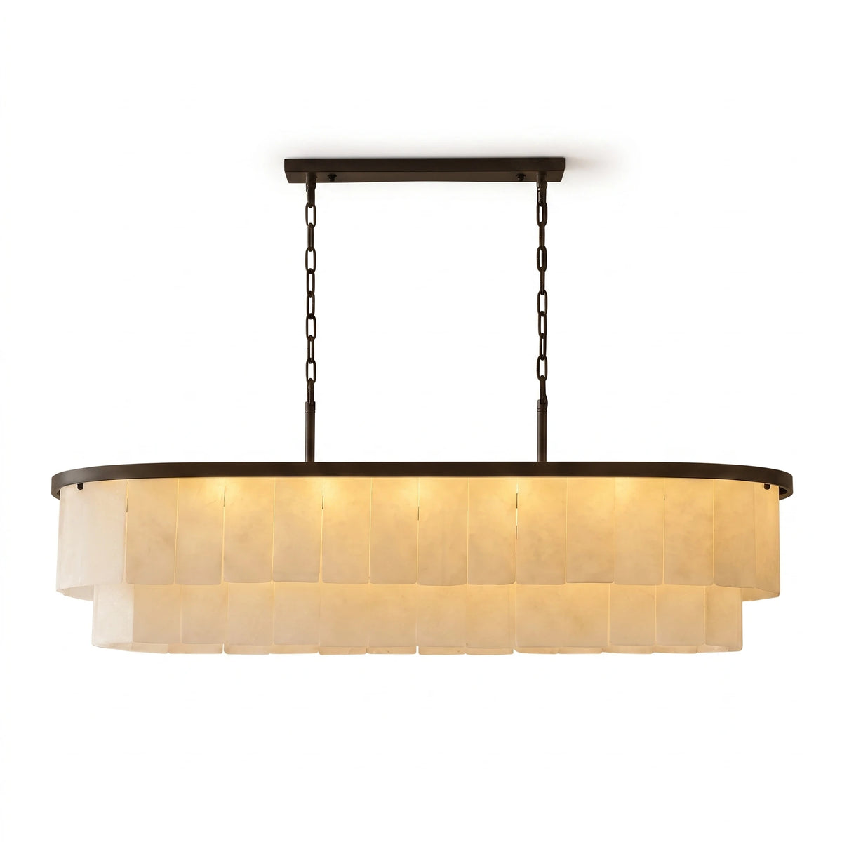 Modern Black Alabaster Tiered Oval Linear Chandelier with Matte Black Frame on Pure White Background