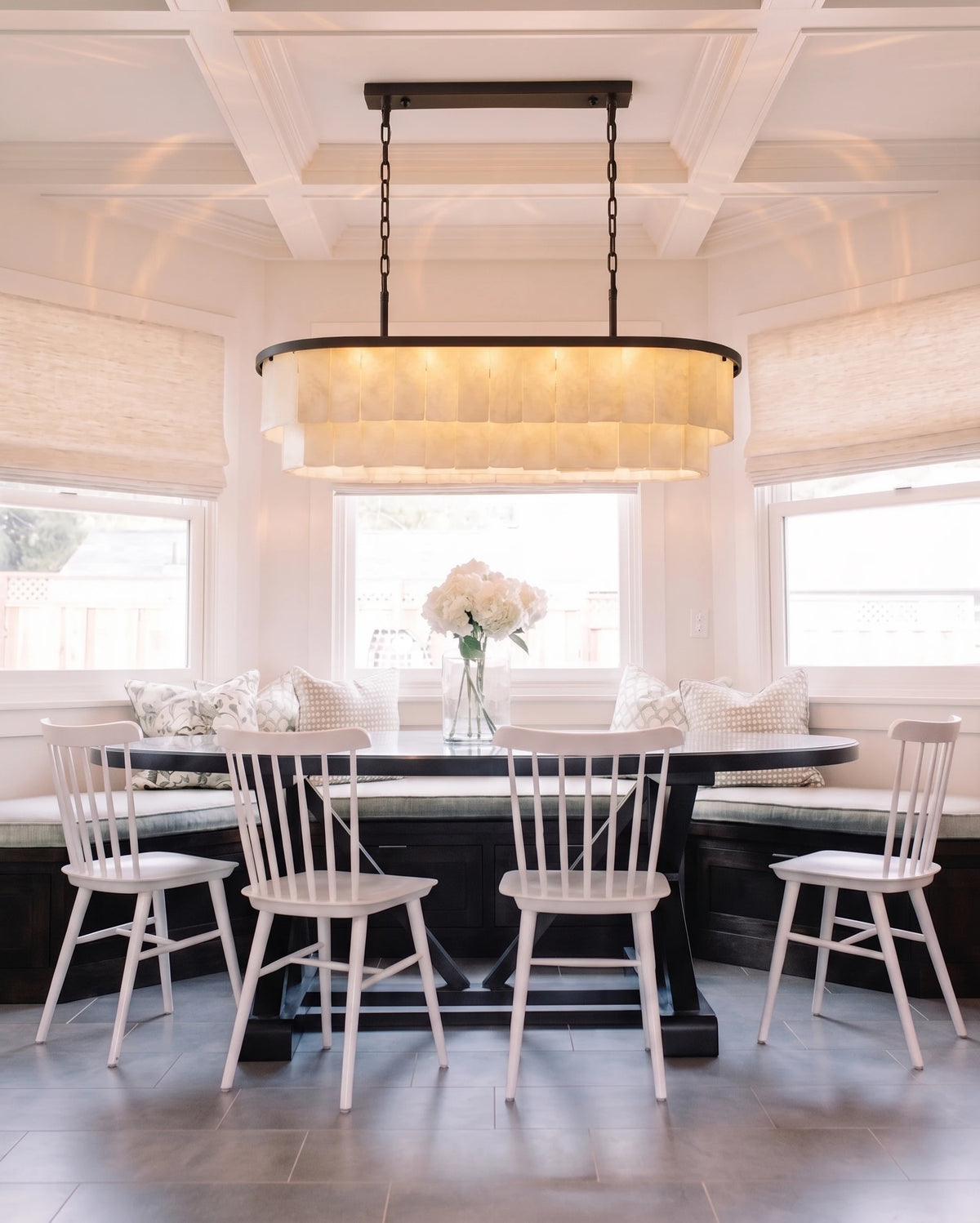 Traditional Alabaster Tiered Linear Pendant Light Over Dining Table